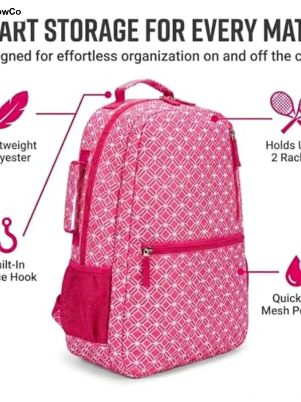 Tennis Racket Backpack for Women, Lightweight Polyester Backpack, Holds 2
